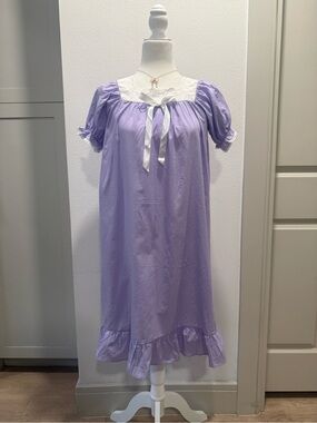 Lavender Cotton Prairie Nightgown Dress Eyelet Lace Bow